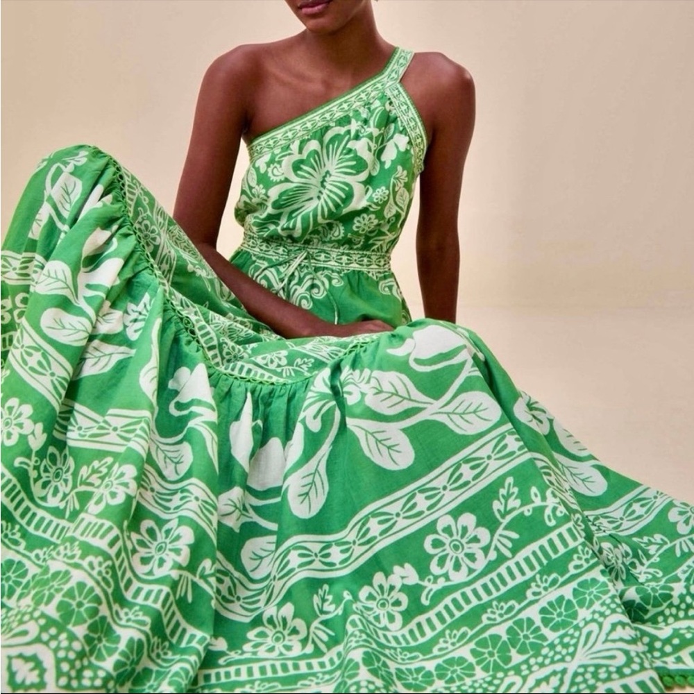 FARM Rio Green and White Asymmetrical One Shoulder Resort Dress